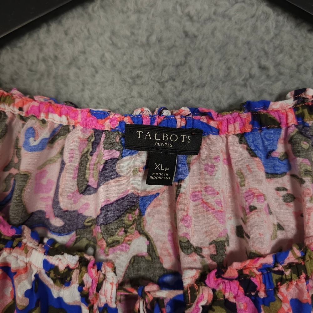 Talbots Shirt Womens XLP Petite Pink Blue Floral Ruffle Trim Keyhole Neck Blouse - Picture 3 of 10